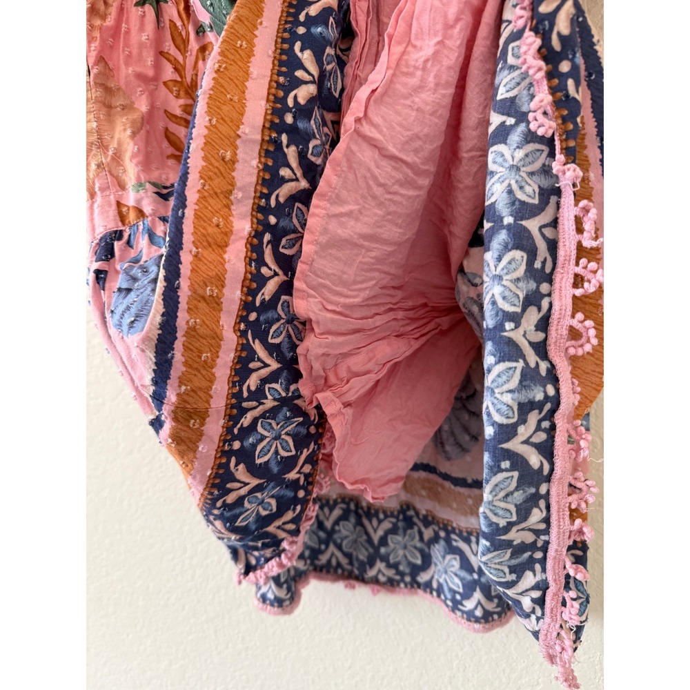 Farm Rio Seashell Tapestry Cotton Mini Dress Pink Floral Puff Sleeve Boho Small - Picture 6 of 8
